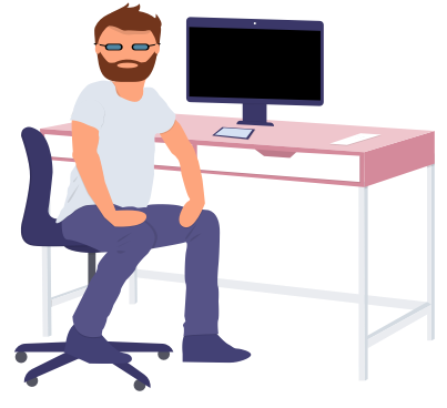 illustration of man with beard at desk with computer