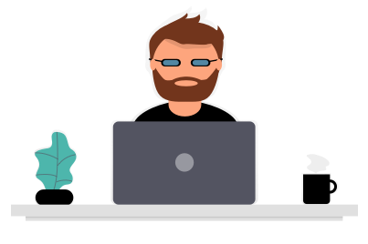 illustration of man with beard behind laptop